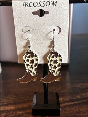 Brown and Cream Cowboy Boot Dangle Earrings